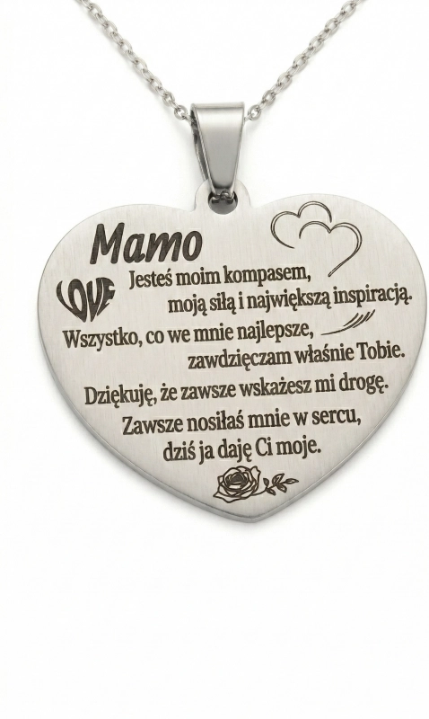 Naszyjnik serce grawer dla niej dla mamy srebrny spersonalizowany prezent urodziny okazja srebrny elegancki