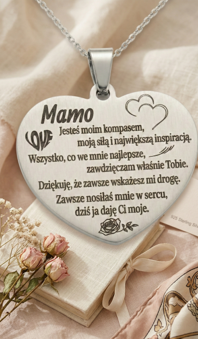 Naszyjnik serce grawer dla niej dla mamy srebrny spersonalizowany prezent urodziny okazja srebrny elegancki