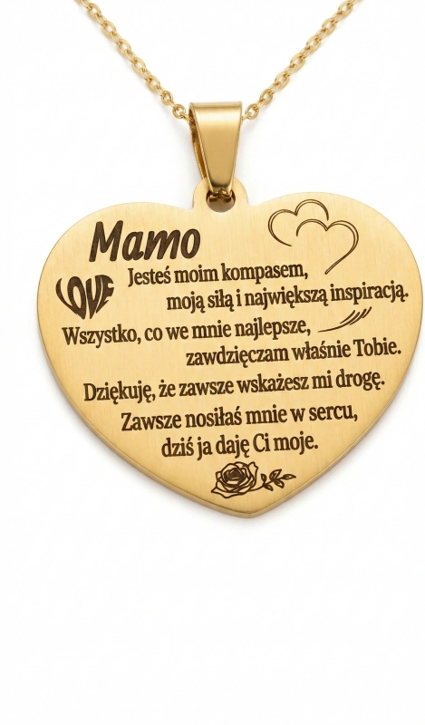 Naszyjnik serce grawer dla niej dla mamy złoty spersonalizowany prezent urodziny okazja złoty elegancki