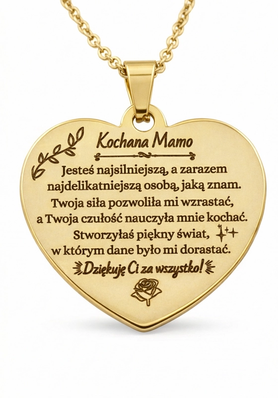 Naszyjnik serce grawer dla niej dla mamy złoty spersonalizowany prezent urodziny okazja złoty elegancki