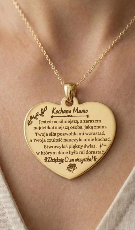 Naszyjnik serce grawer dla niej dla mamy złoty spersonalizowany prezent urodziny okazja złoty elegancki