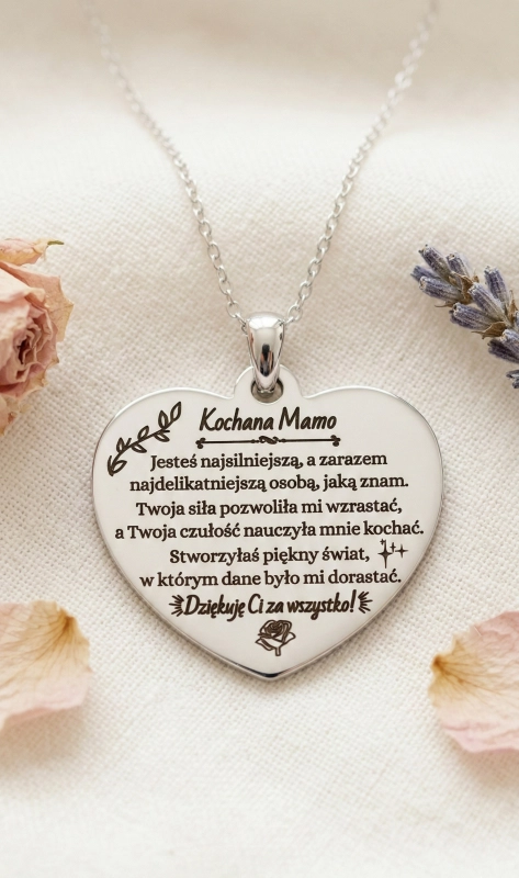 Naszyjnik serce grawer dla niej dla mamy srebrny spersonalizowany prezent urodziny okazja srebrny elegancki