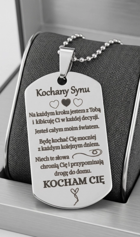 Naszyjnik nieśmiertelnik grawer dla niego dla syna prezent okazja urodziny spersonalizowany srebrny elegancki