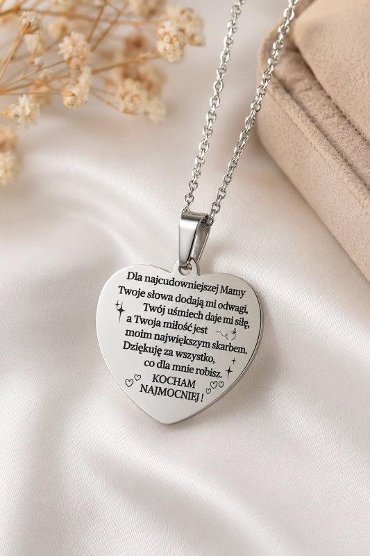 Naszyjnik serce grawer dla niej dla mamy srebrny spersonalizowany prezent urodziny okazja srebrny elegancki